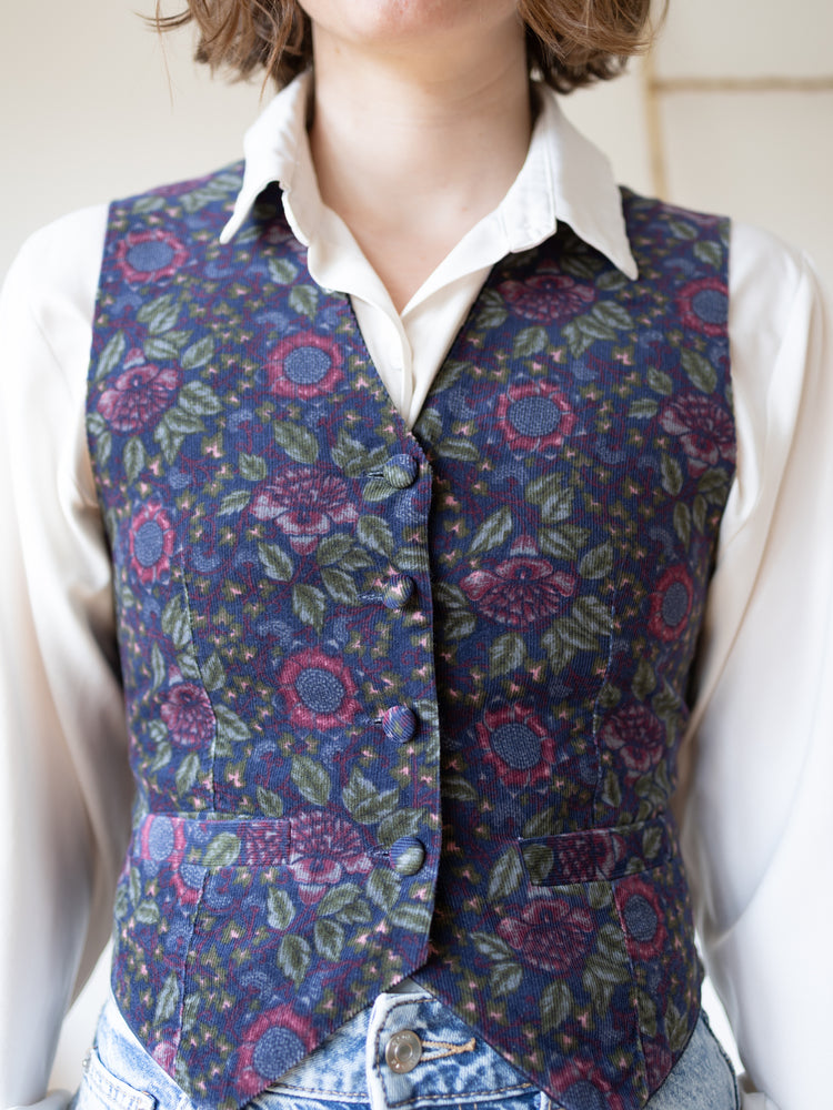 Laura Ashley Navy Floral Corduroy Waistcoat - S