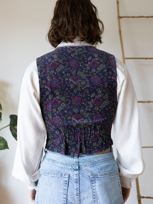 Laura Ashley Navy Floral Corduroy Waistcoat - S