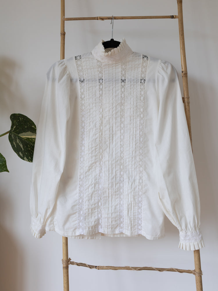 Laura Ashley White Pintuck Lace Frill Neck Blouse - XS