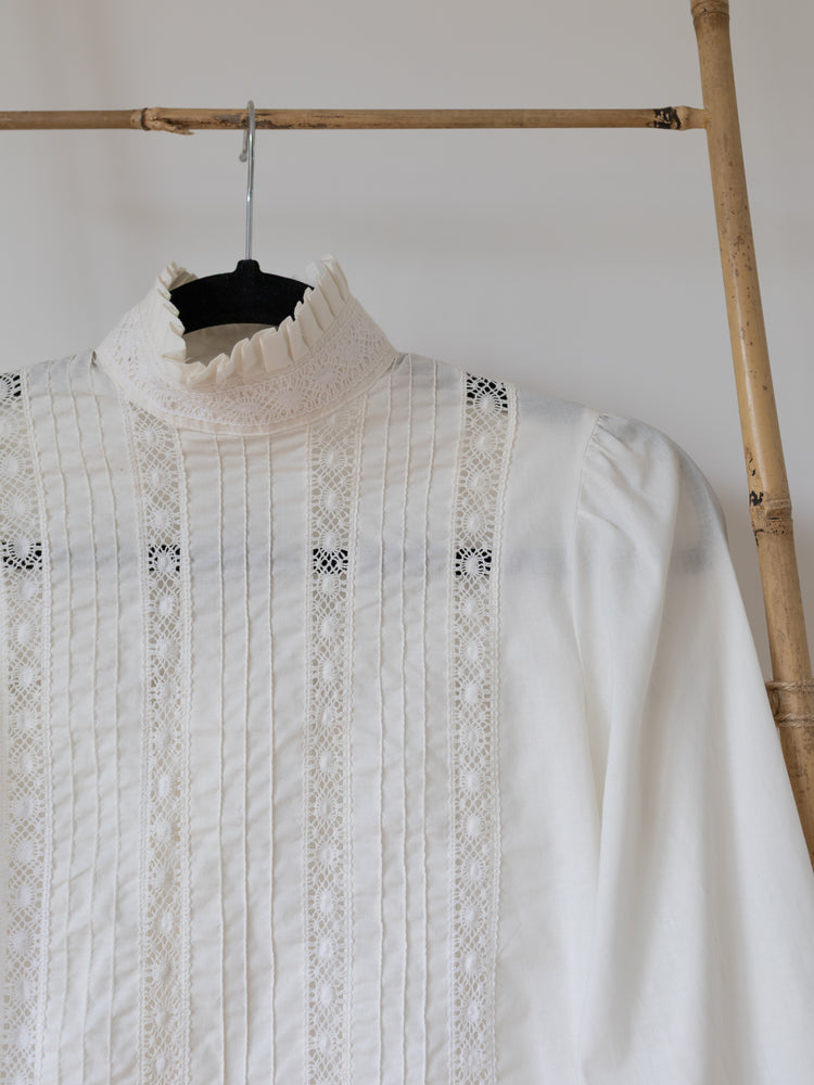 Laura Ashley White Pintuck Lace Frill Neck Blouse - XS