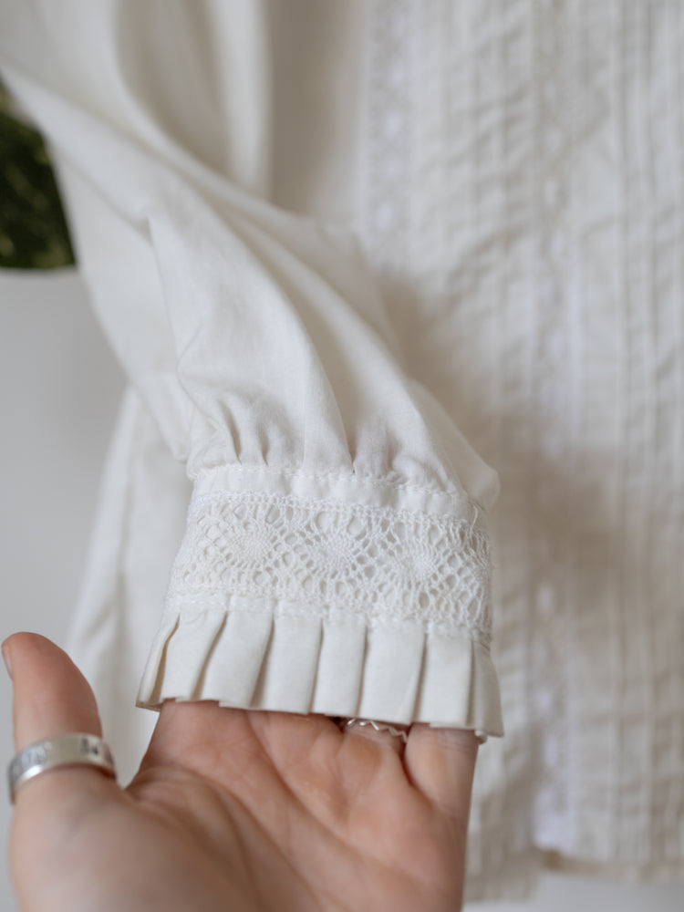 Laura Ashley White Pintuck Lace Frill Neck Blouse - XS