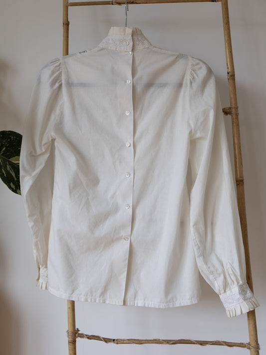 Laura Ashley White Pintuck Lace Frill Neck Blouse - XS