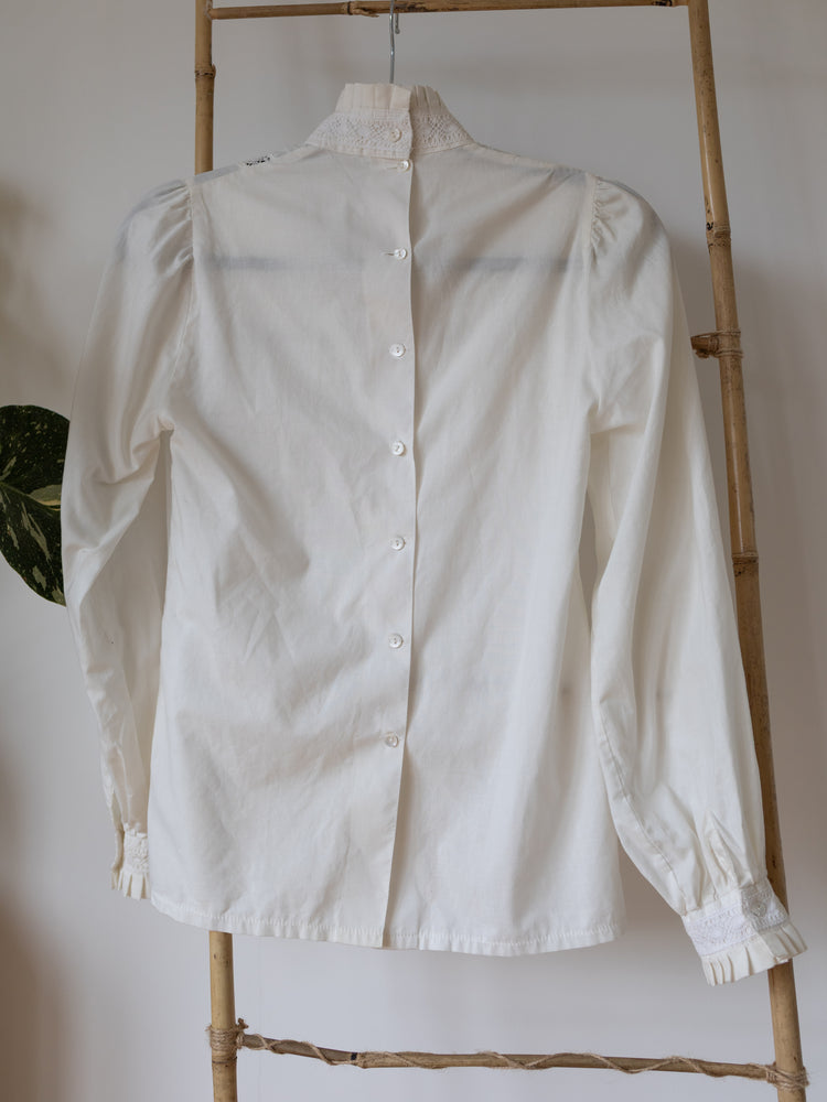 Laura Ashley White Pintuck Lace Frill Neck Blouse - XS