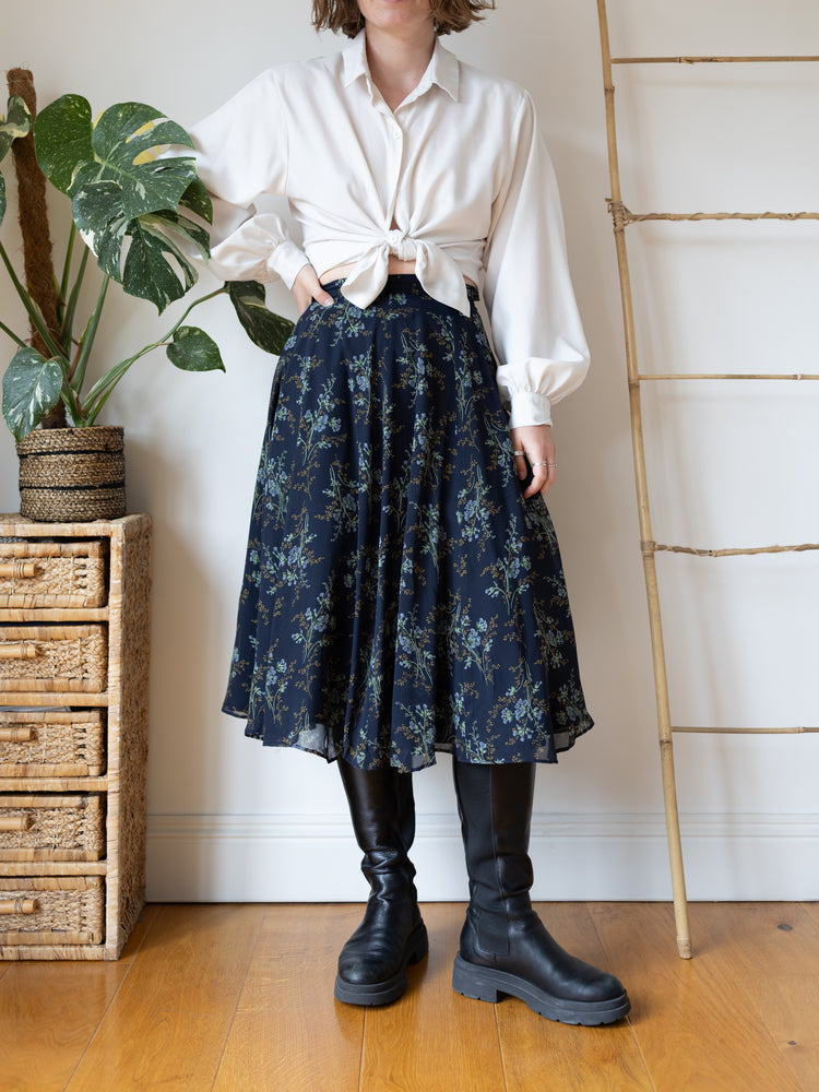 Laura Ashley Navy Silk Floral Midi Skirt - 25"
