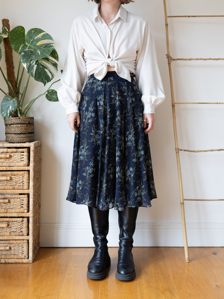 Laura Ashley Navy Silk Floral Midi Skirt - 25"