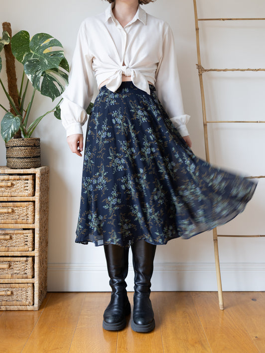 Laura Ashley Navy Silk Floral Midi Skirt - 25"