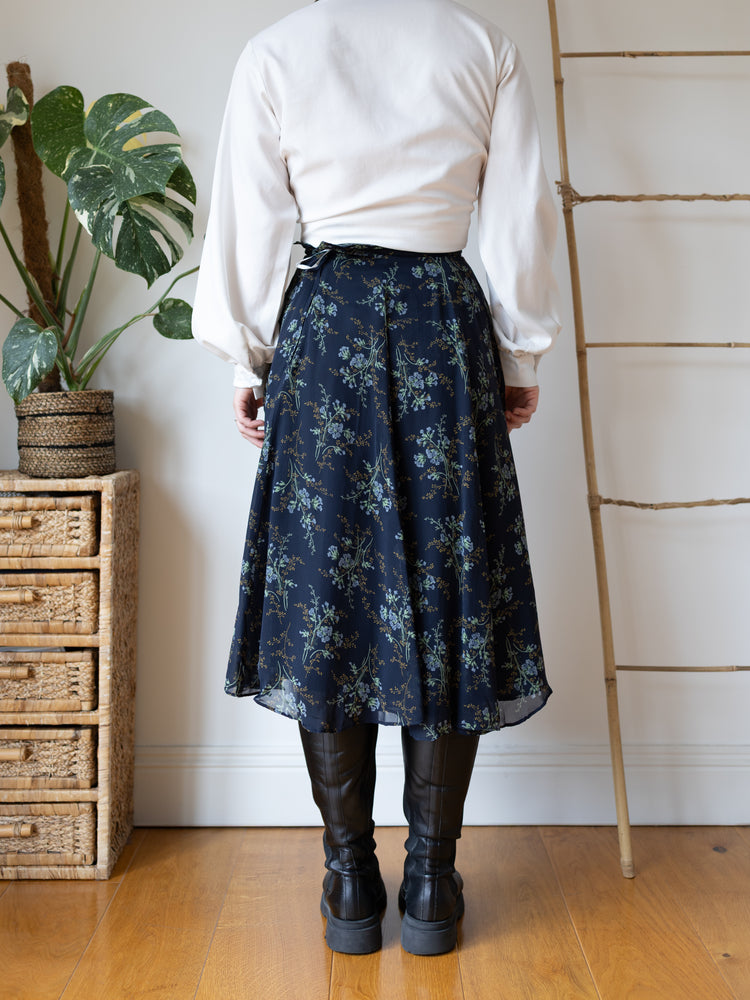 Laura Ashley Navy Silk Floral Midi Skirt - 25"