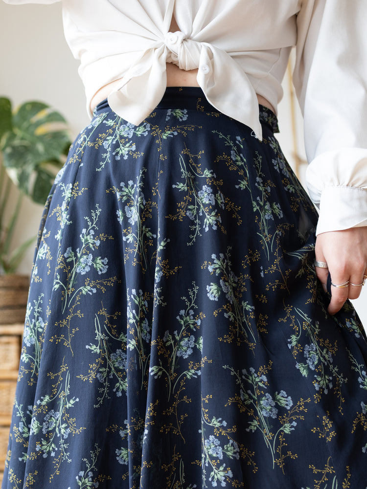 Laura Ashley Navy Silk Floral Midi Skirt - 25"
