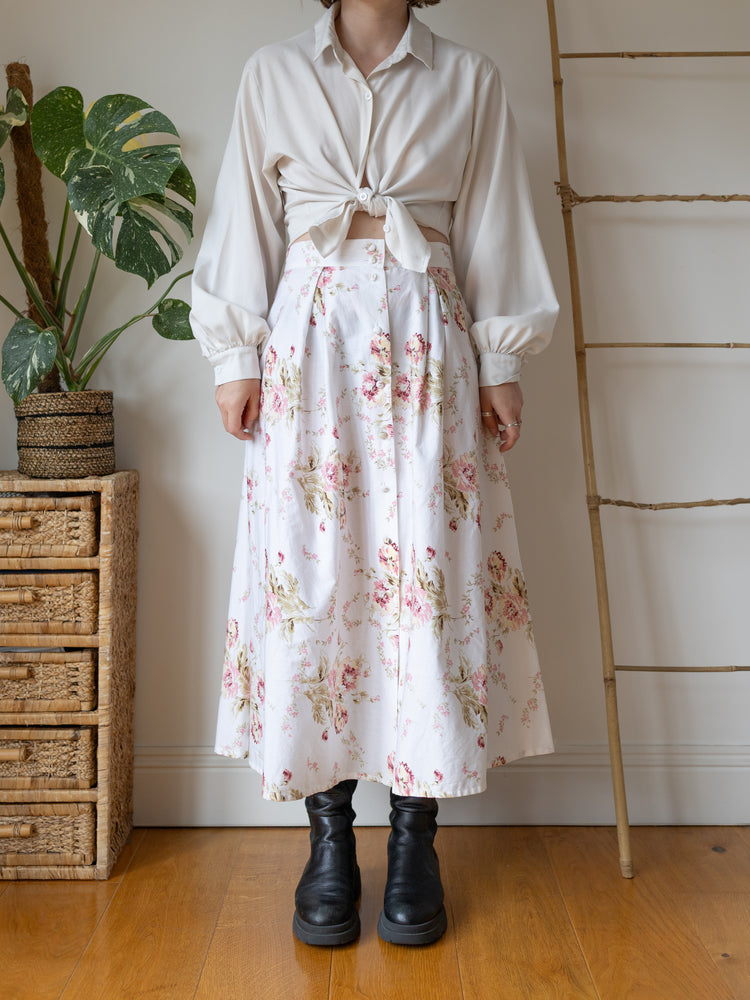 Laura Ashley White Blush Peony Midi Skirt - 29"