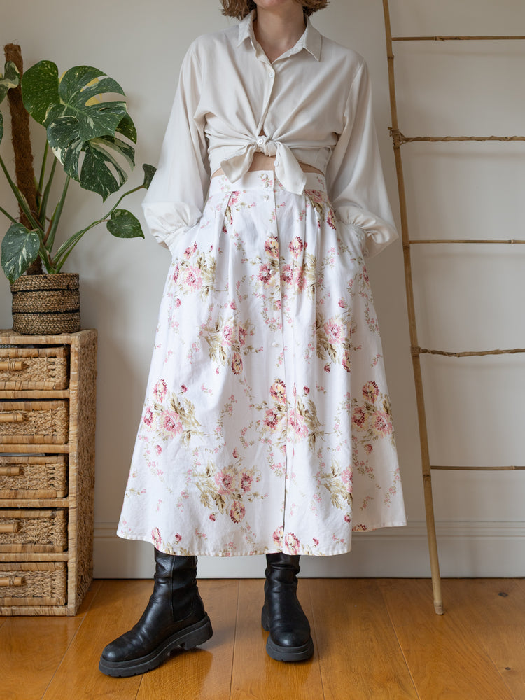 Laura Ashley White Blush Peony Midi Skirt - 29"