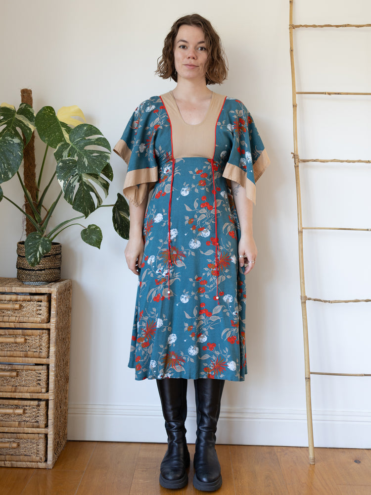 70s Handkerchief Sleeve Teal Dress - S