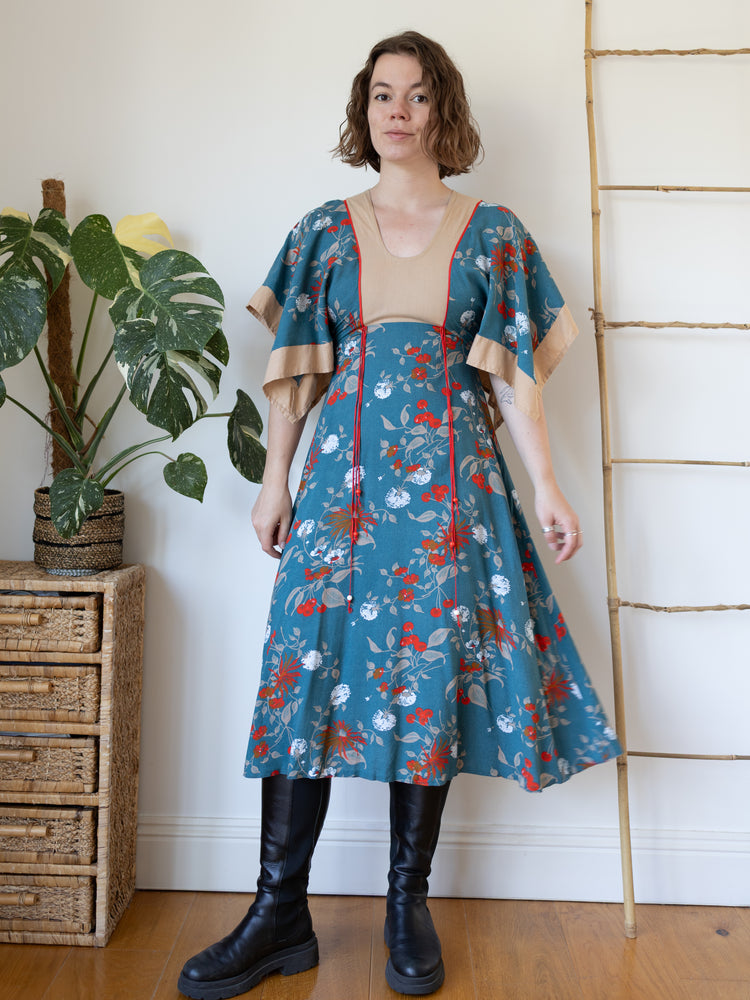70s Handkerchief Sleeve Teal Dress - S