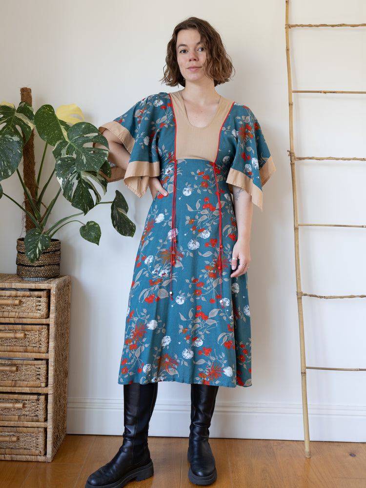 70s Handkerchief Sleeve Teal Dress - S