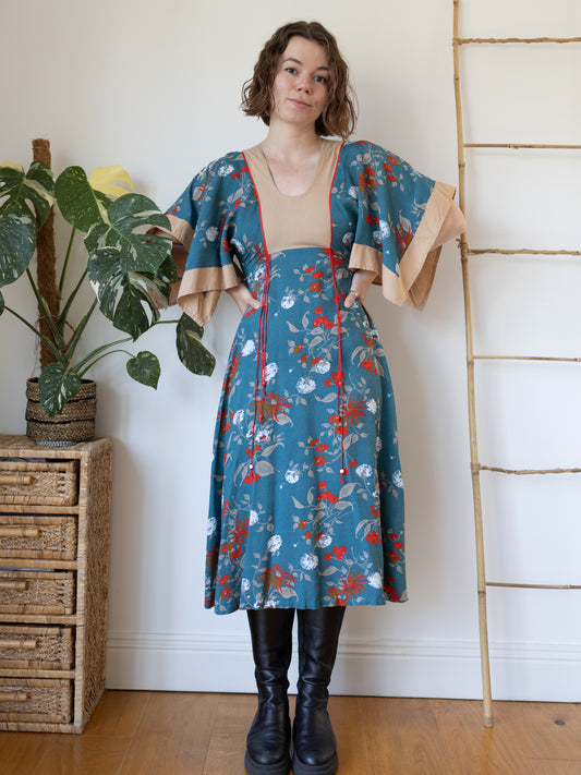70s Handkerchief Sleeve Teal Dress - S