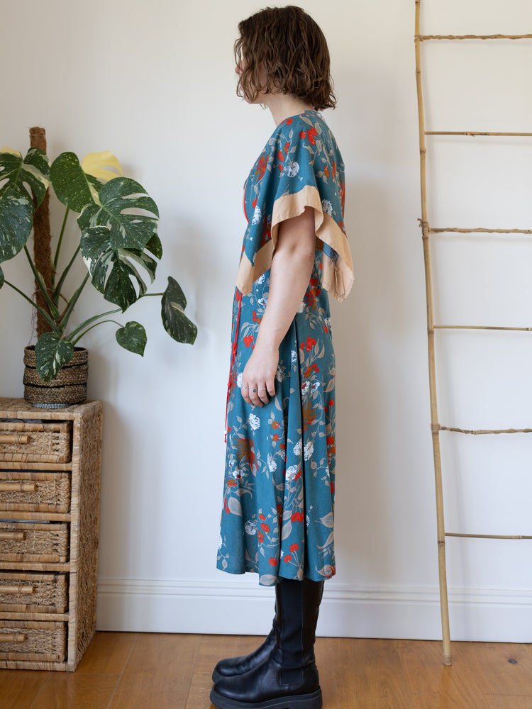 70s Handkerchief Sleeve Teal Dress - S