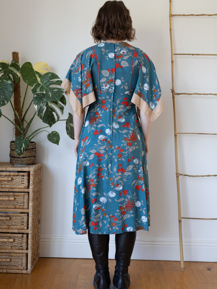 70s Handkerchief Sleeve Teal Dress - S