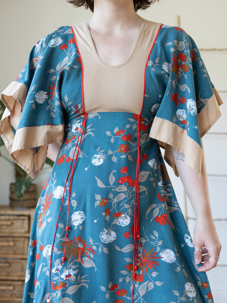 70s Handkerchief Sleeve Teal Dress - S