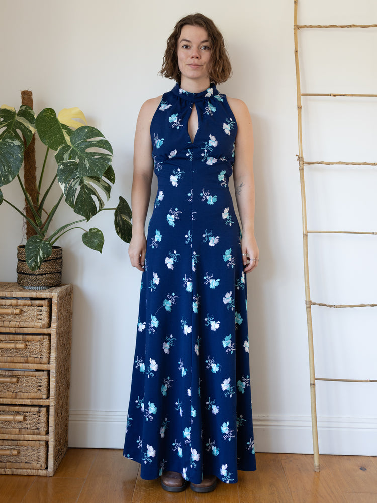 70s Navy Floral Embroidered Maxi Dress - S