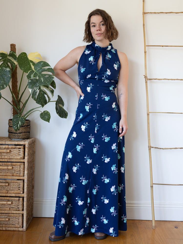 70s Navy Floral Embroidered Maxi Dress - S