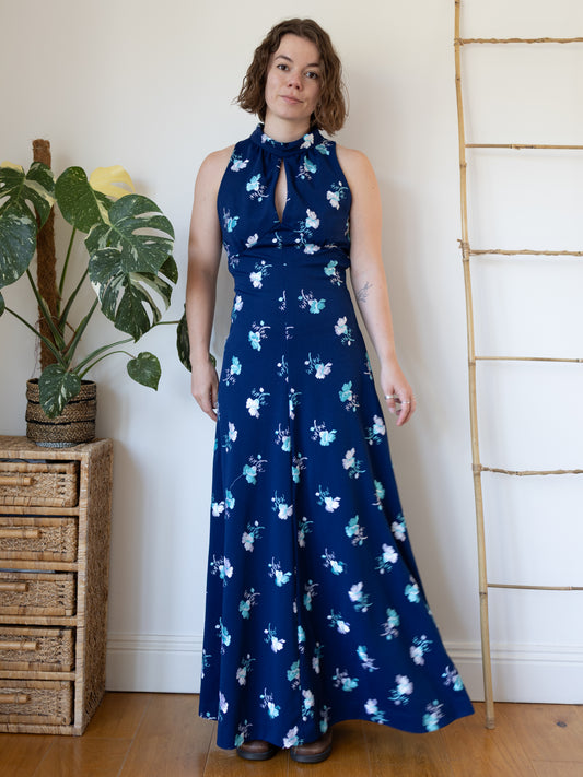 70s Navy Floral Embroidered Maxi Dress - S