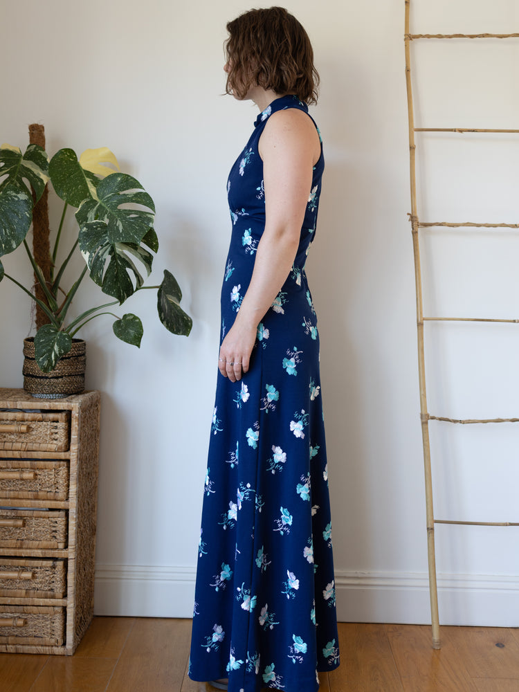 70s Navy Floral Embroidered Maxi Dress - S