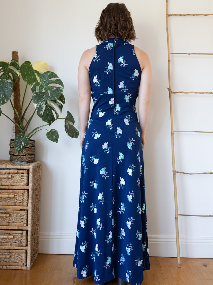70s Navy Floral Embroidered Maxi Dress - S