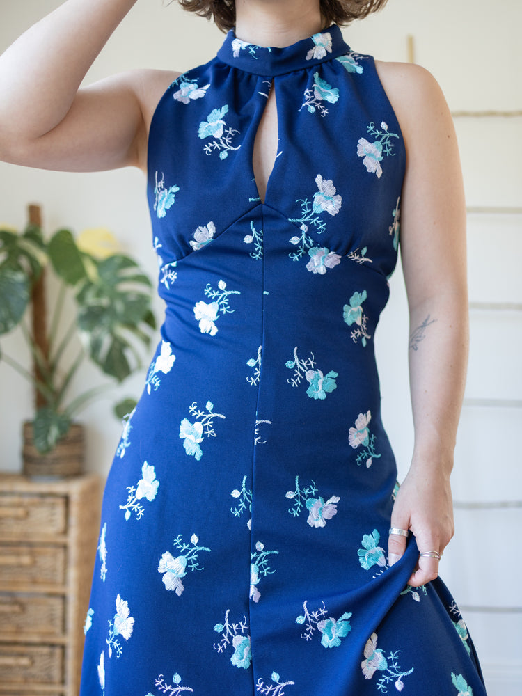 70s Navy Floral Embroidered Maxi Dress - S