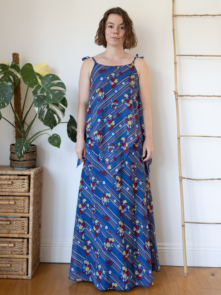 70s Dark Blue Floral Maxi Dress - S
