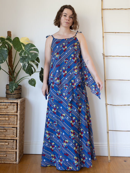 70s Dark Blue Floral Maxi Dress - S