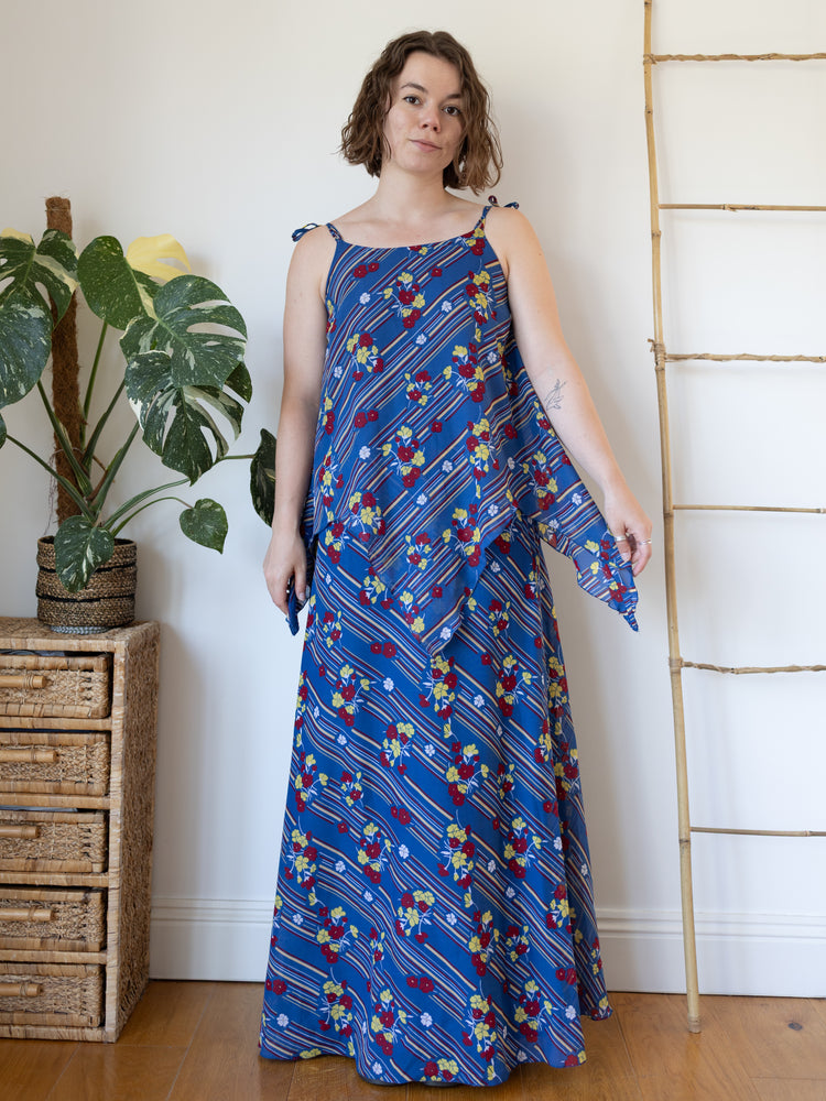 70s Dark Blue Floral Maxi Dress - S