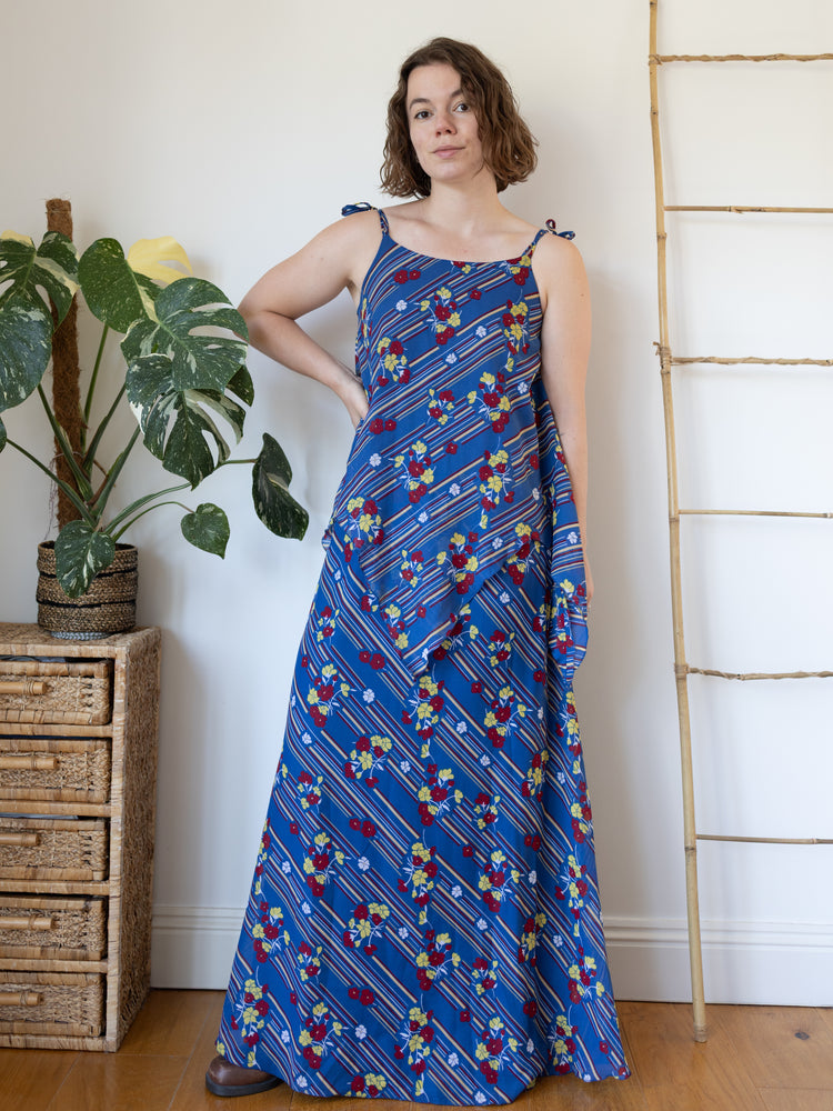 70s Dark Blue Floral Maxi Dress - S