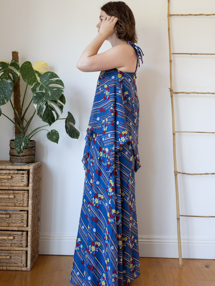 70s Dark Blue Floral Maxi Dress - S