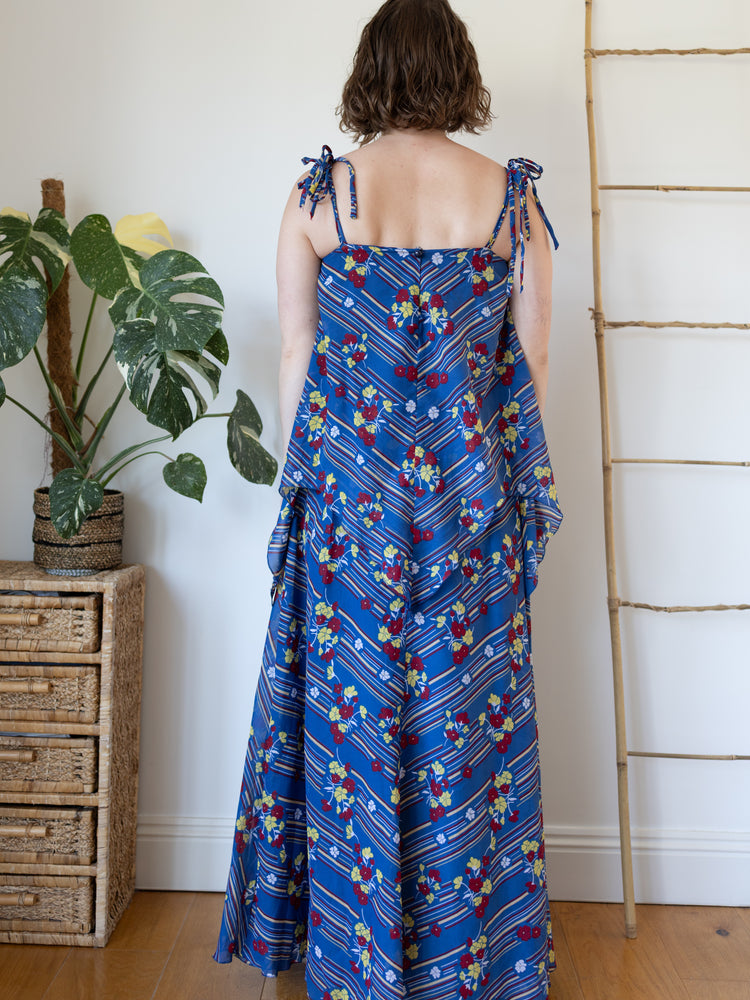 70s Dark Blue Floral Maxi Dress - S