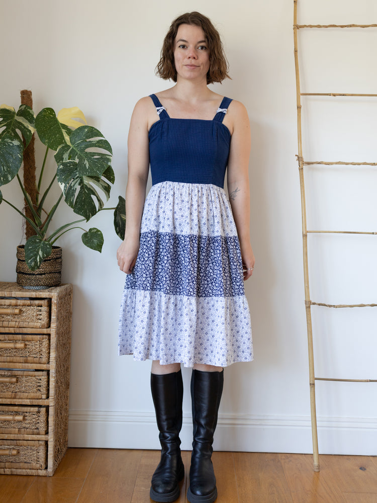 70s Navy Ditsy Floral Tiered Midi Dress - S