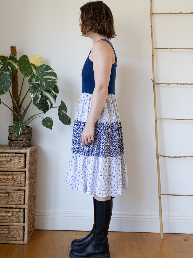 70s Navy Ditsy Floral Tiered Midi Dress - S