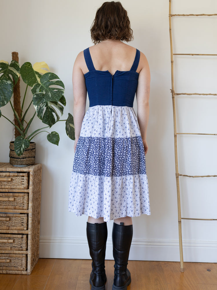 70s Navy Ditsy Floral Tiered Midi Dress - S