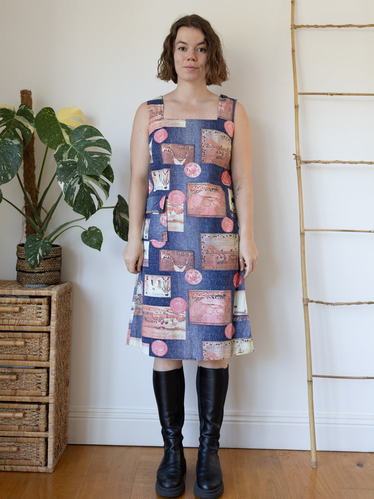 70s Postcard Print Dress - S/M