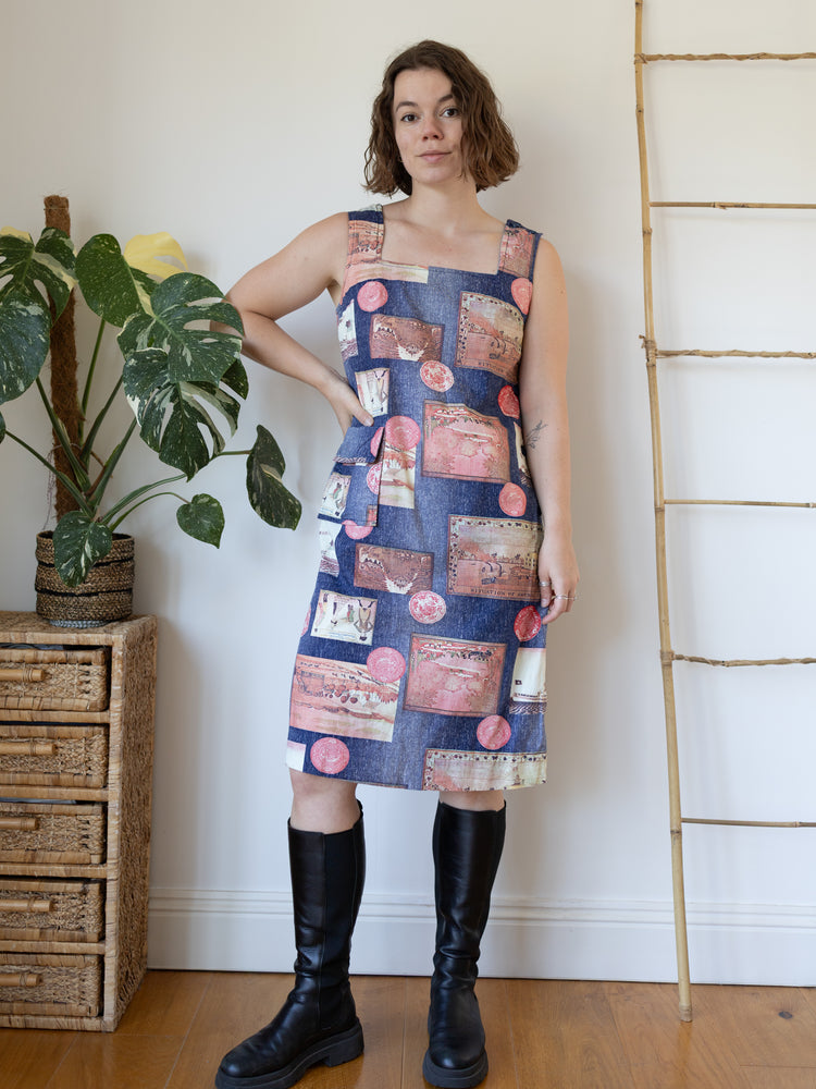 70s Postcard Print Dress - S/M