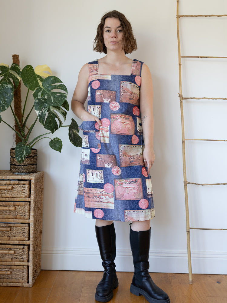 70s Postcard Print Dress - S/M