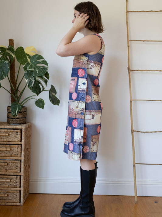 70s Postcard Print Dress - S/M