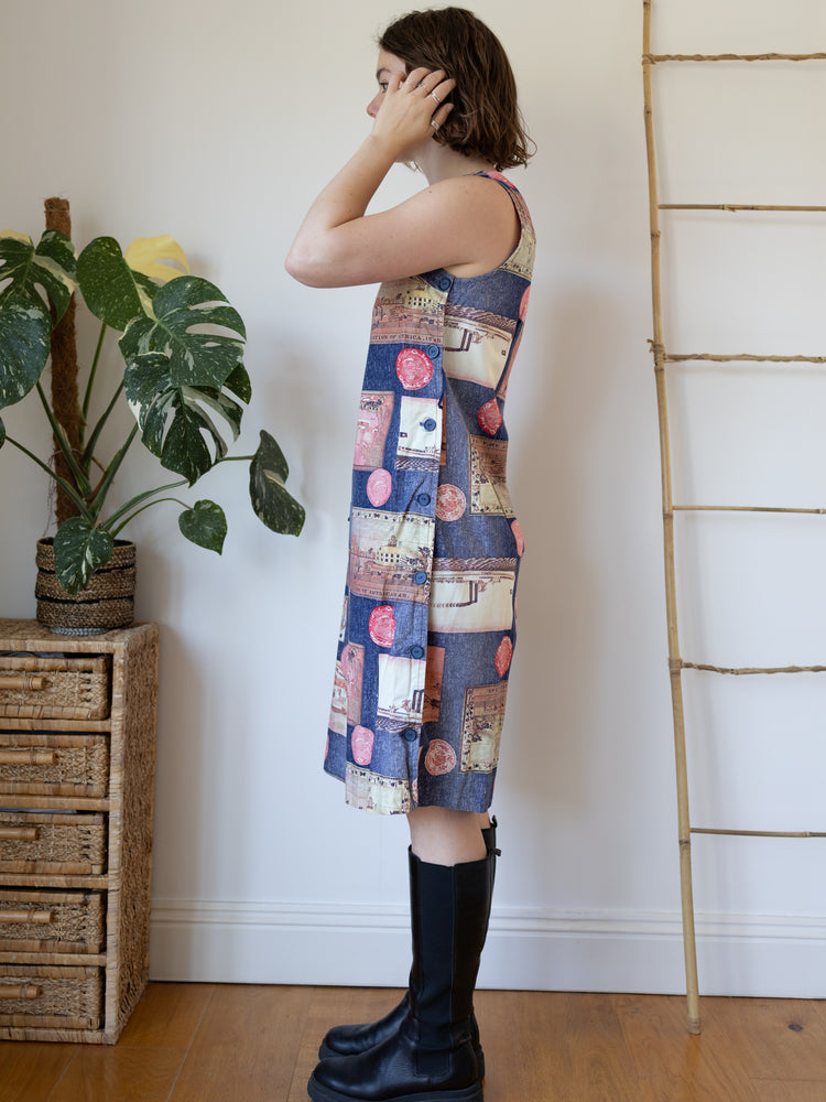 70s Postcard Print Dress - S/M