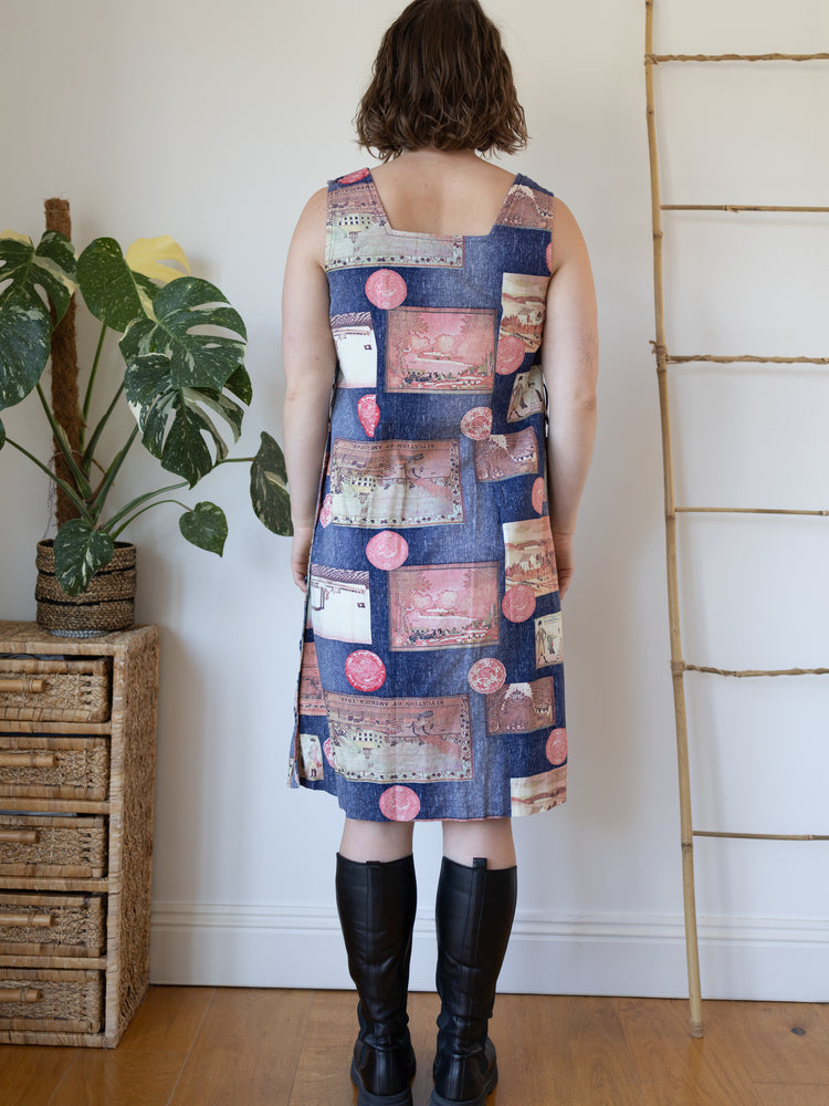 70s Postcard Print Dress - S/M