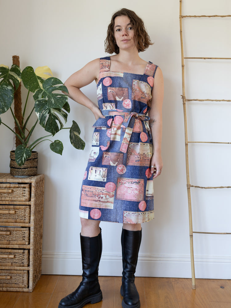 70s Postcard Print Dress - S/M