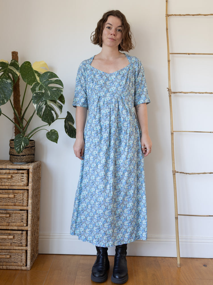70s Blue Floral Maxi Dress - L
