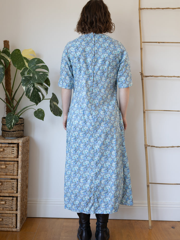 70s Blue Floral Maxi Dress - L