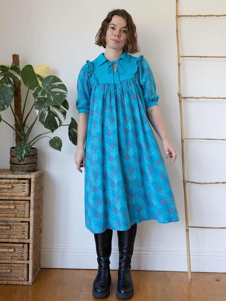70s Turquoise Ditsy Floral Midi Dress - M