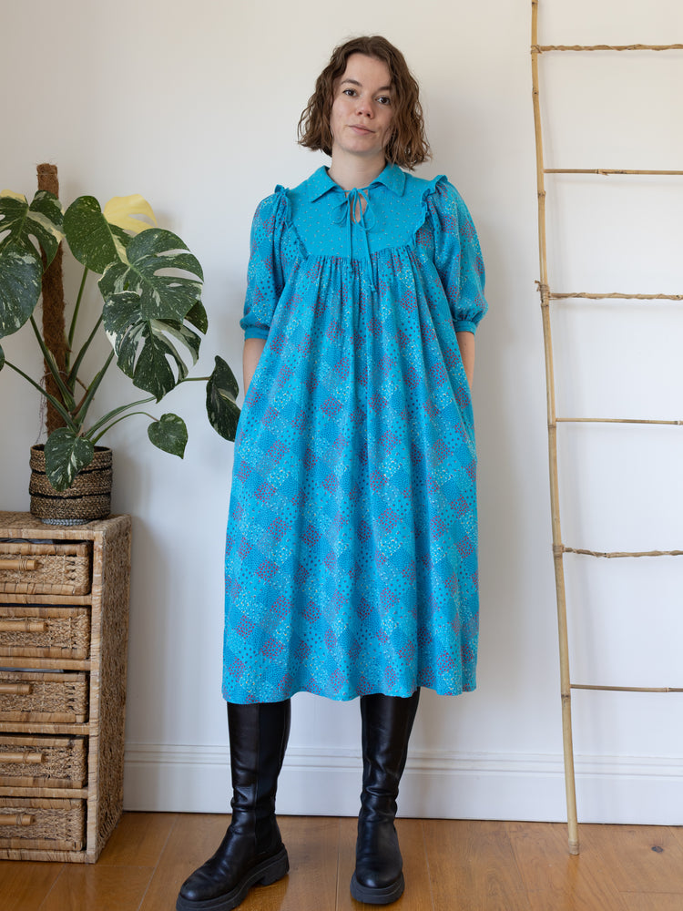 70s Turquoise Ditsy Floral Midi Dress - M