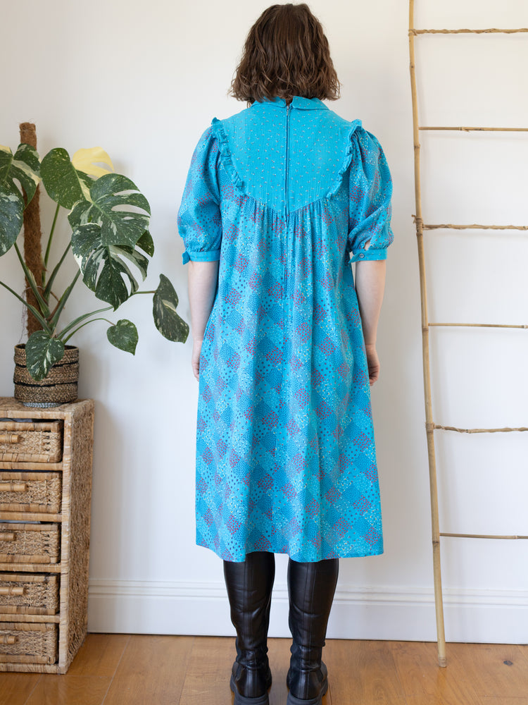 70s Turquoise Ditsy Floral Midi Dress - M