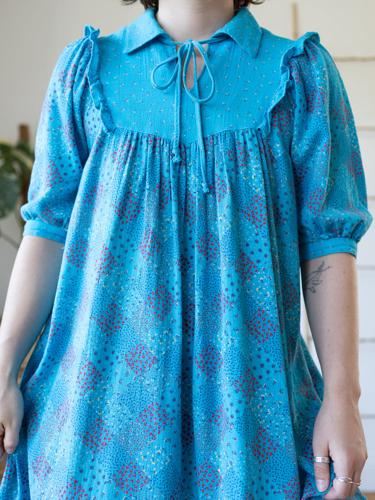 70s Turquoise Ditsy Floral Midi Dress - M
