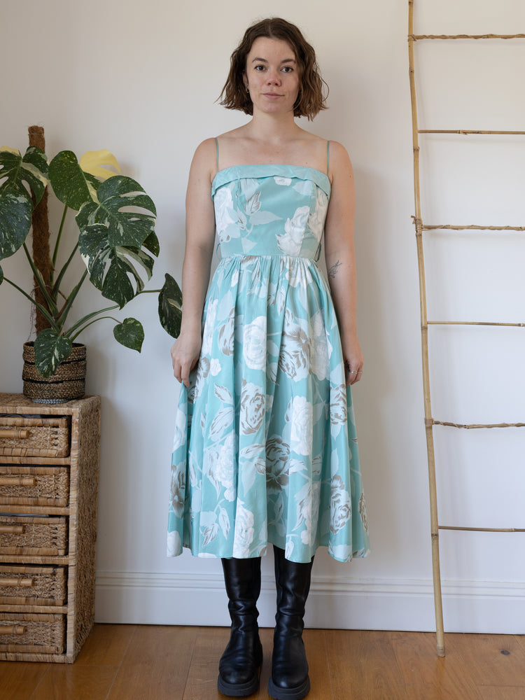 80s Rose Print Midi Dress - S